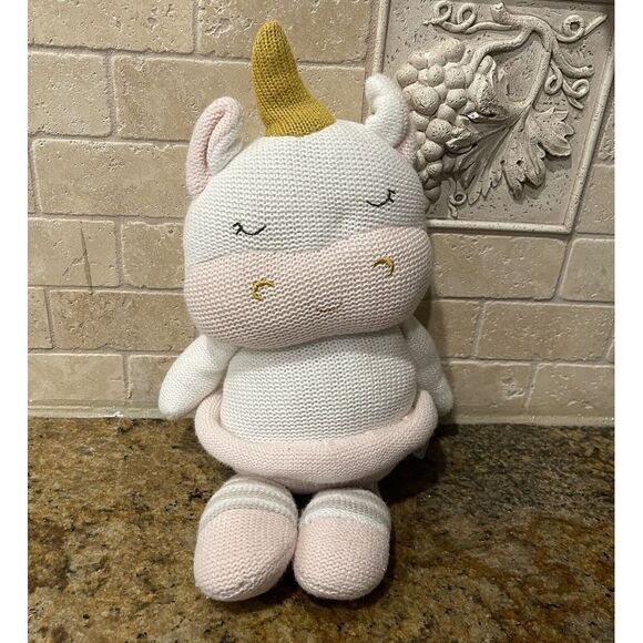 Living Textiles Kenzie The Unicorn Cow Knitted Unicorn Stuffed‎ Rattle 15" Plush - Picture 1 of 10